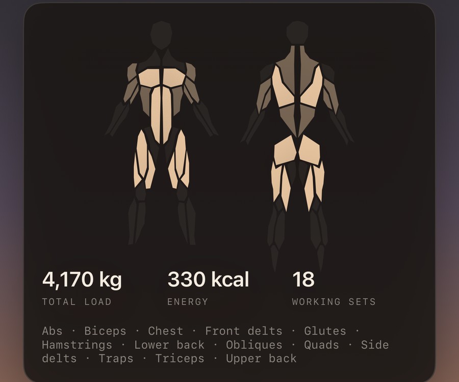 A body map with most muscles highlighted after a full-body session, above the session's total load, energy and working sets
