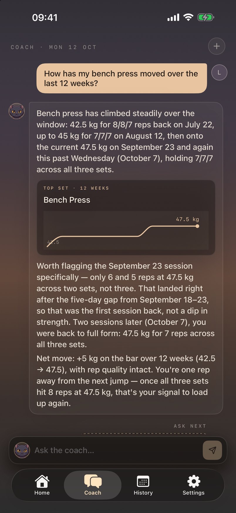 Yami answering a question about bench press progress with a twelve-week chart