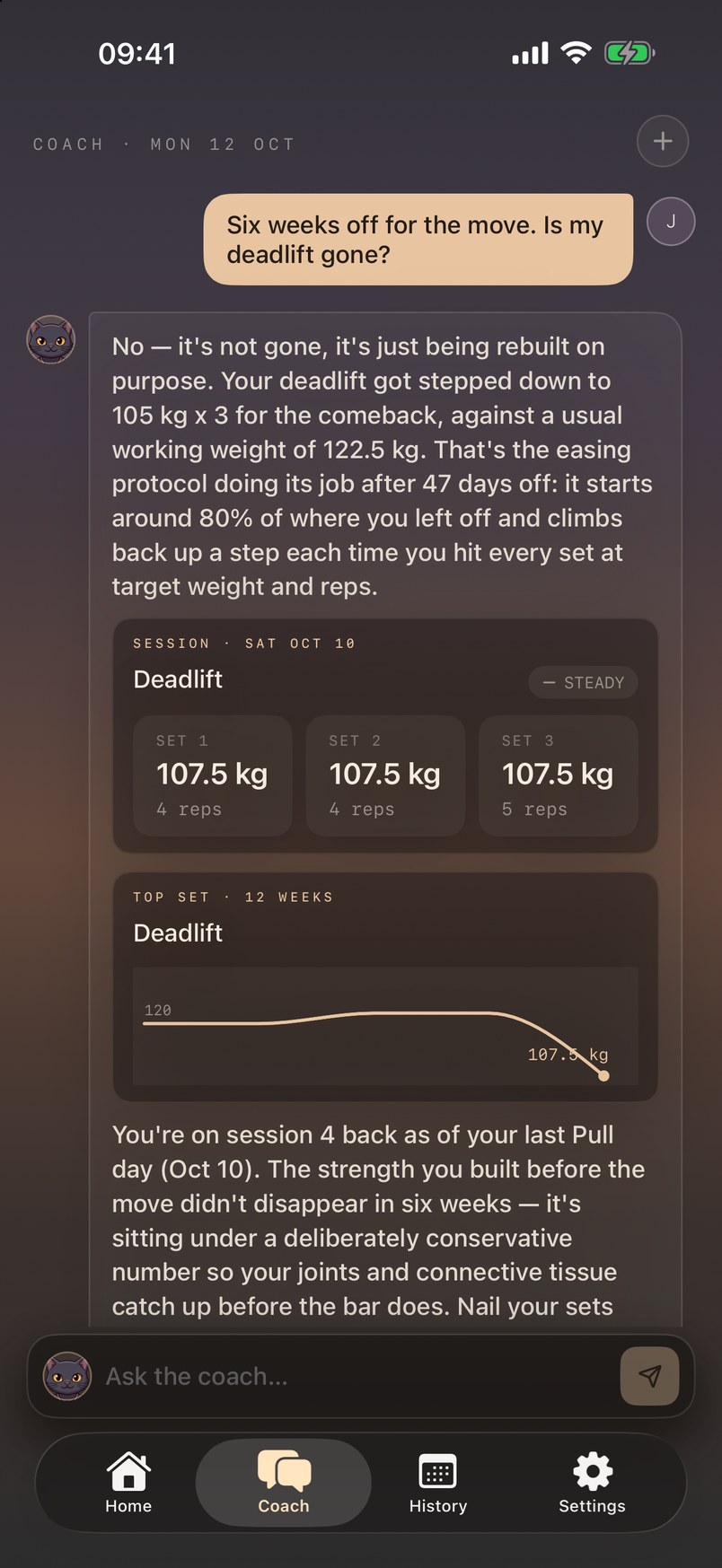 Yami answering whether six weeks off cost the deadlift, with the last session's sets and a twelve-week chart