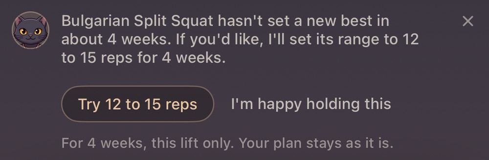 Yami noting that a lift has not improved in four weeks and offering a different rep range, with one button to try it and one to keep the plan